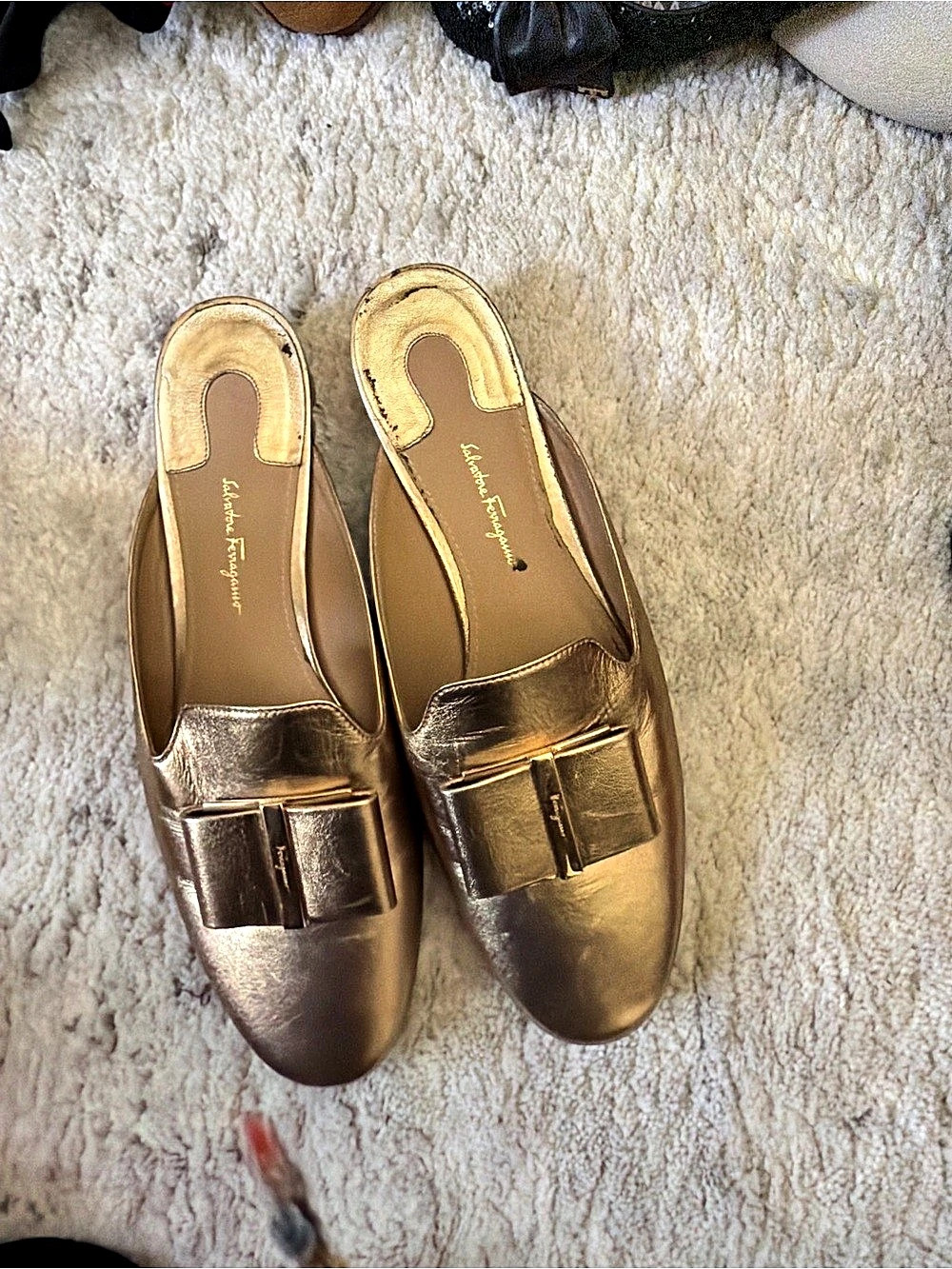 Salvatore Ferragamo Gold Metallic Buckle Mules